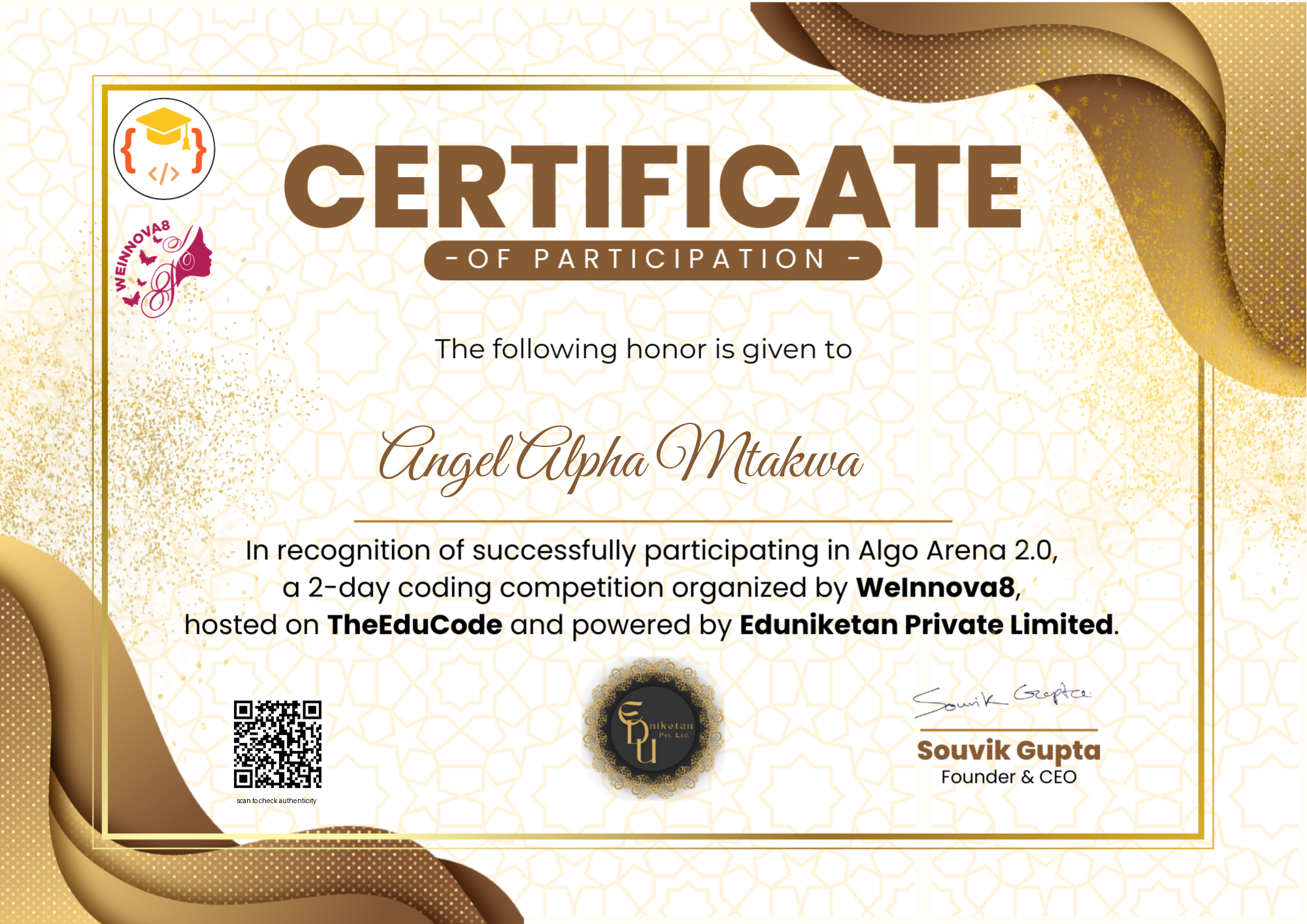 Algo Arena 2.0 coding competition certificate