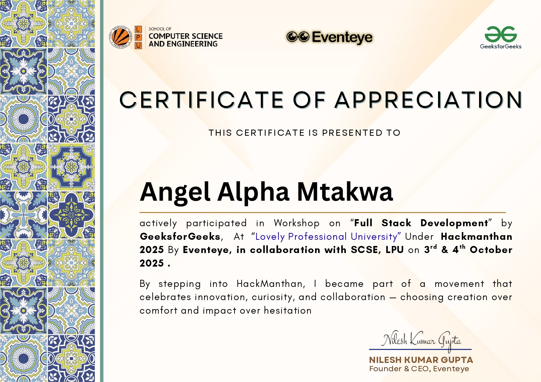 Full Stack Development workshop certificate of appreciation