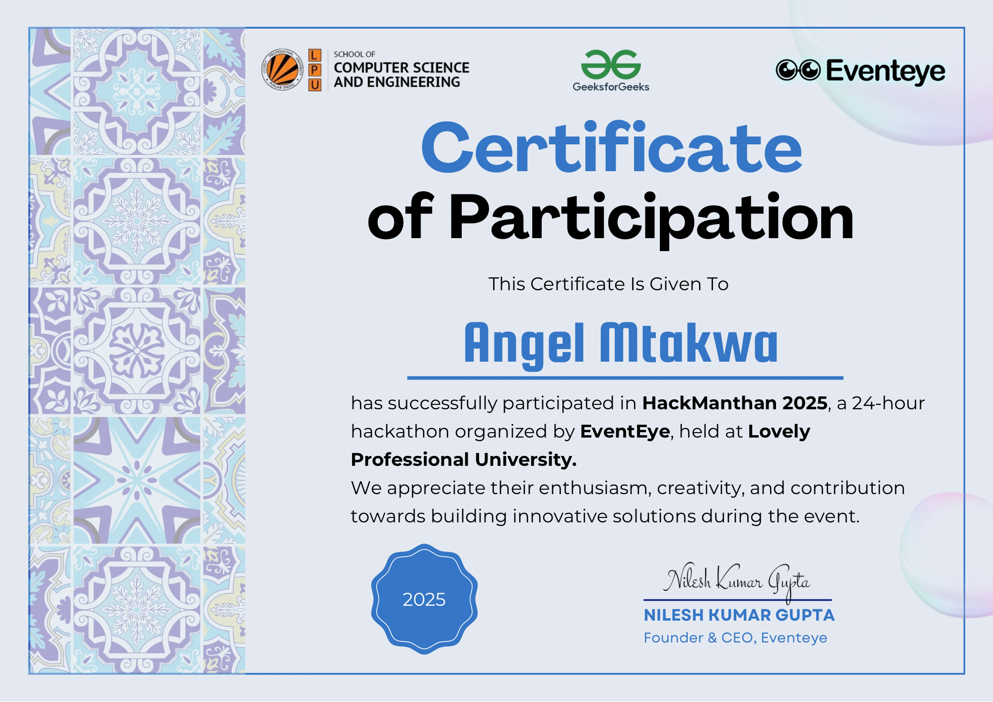 HackManthan 2025 certificate of participation